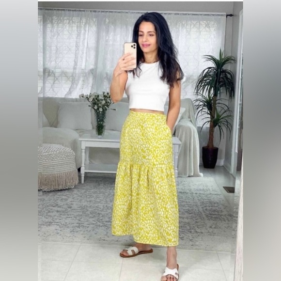 Who What Wear Women's Yellow Citrus Leopard Print Tiered Midi Skirt Size L - Picture 9 of 9